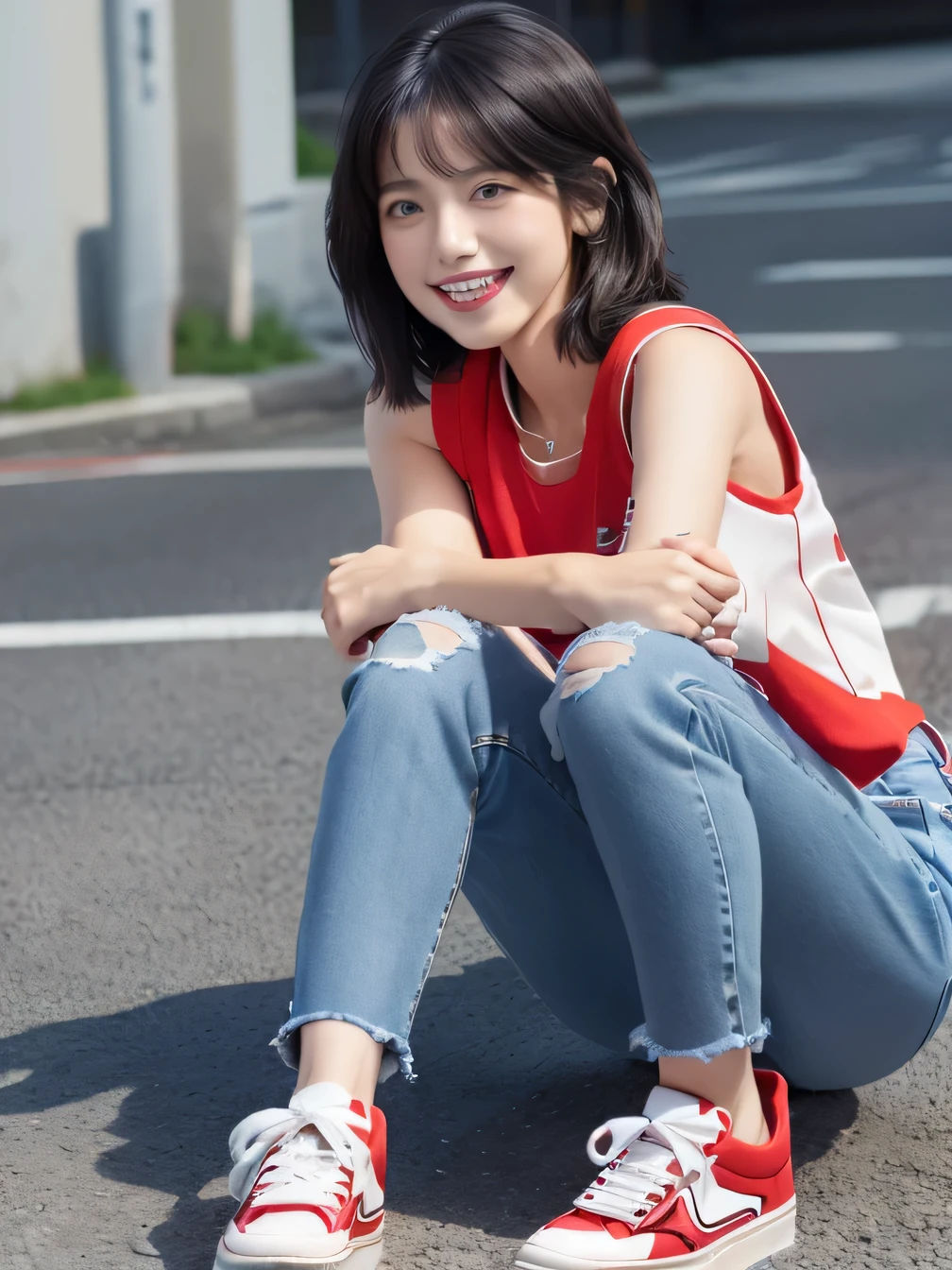 3), (8k, Realistic, RAW Photos, highest quality:1.4), (Realistic face), (Black Hair、Short Haircut、Beautiful Hairstyles、Ear piercing、, smile、Beautiful teeth alignment、Beautiful small blue eyes, (realistic skin texture), (Beautiful Skin),charm, Ultra-high resolution, Ultra-realistic skin, (Natural light)、Golden Ratio, ((smile)), ((full body shot)), (((Red trainer)))、((Skinny jeans、sneakers)