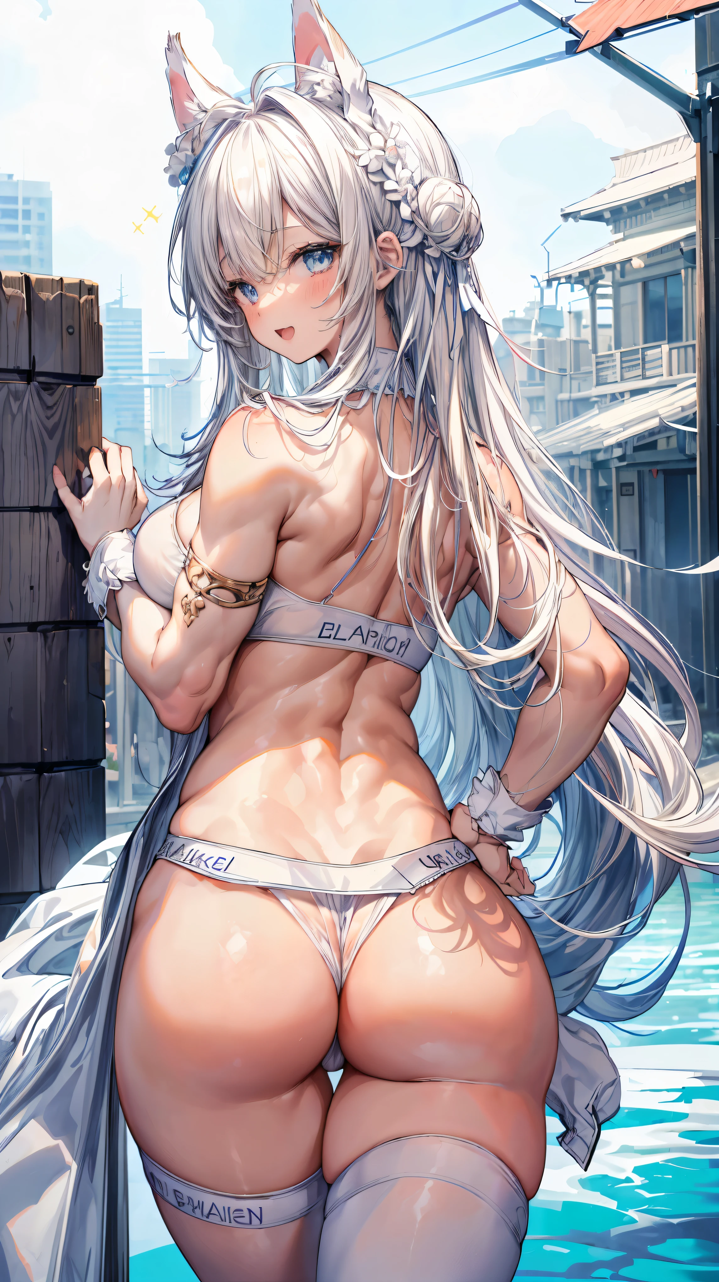 Super detailed、highest quality、Best image quality、masterpiece、8K、Anime Face、A kind smile、Open Mouth、Sparkling Blue Eyes、Long blonde curly hair、Cat ears grow、Wearing a frilly headband、(SFW huge body)、(((Rear view)))、Cowboy Shot、(Wearing a white thong:1.5)、Muscles of the whole body、Hands on hips