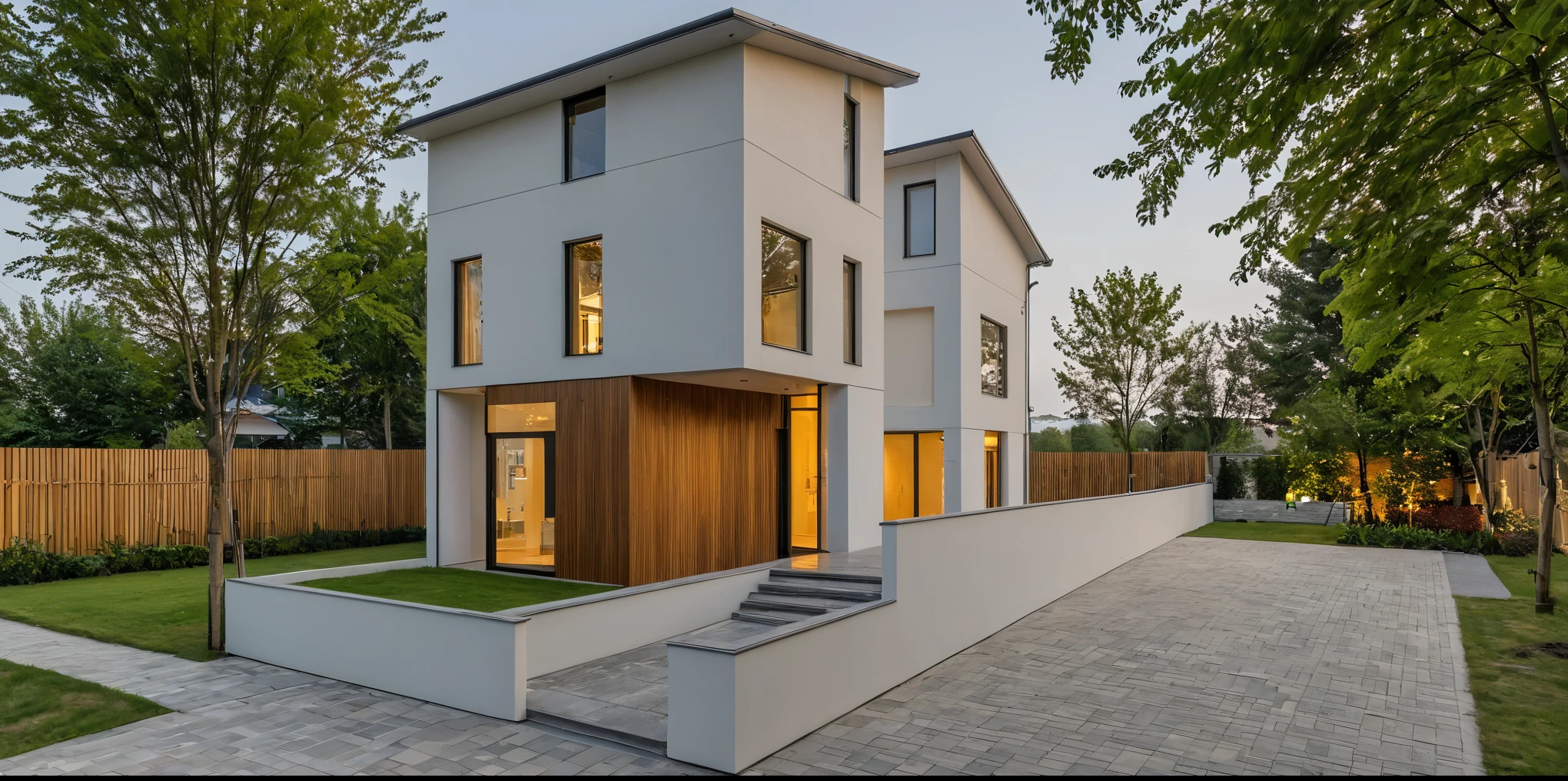 Photo brute, sujet, 8k euh, digital SLR, Soft lighting, high quality, Grain du film, Fujifilm XT3, Une capture d'une architecture moderne époustouflante, 1 floor house, pin, herbe, mur blanc, en bois, pierre naturelle avec roseau long et pointu
