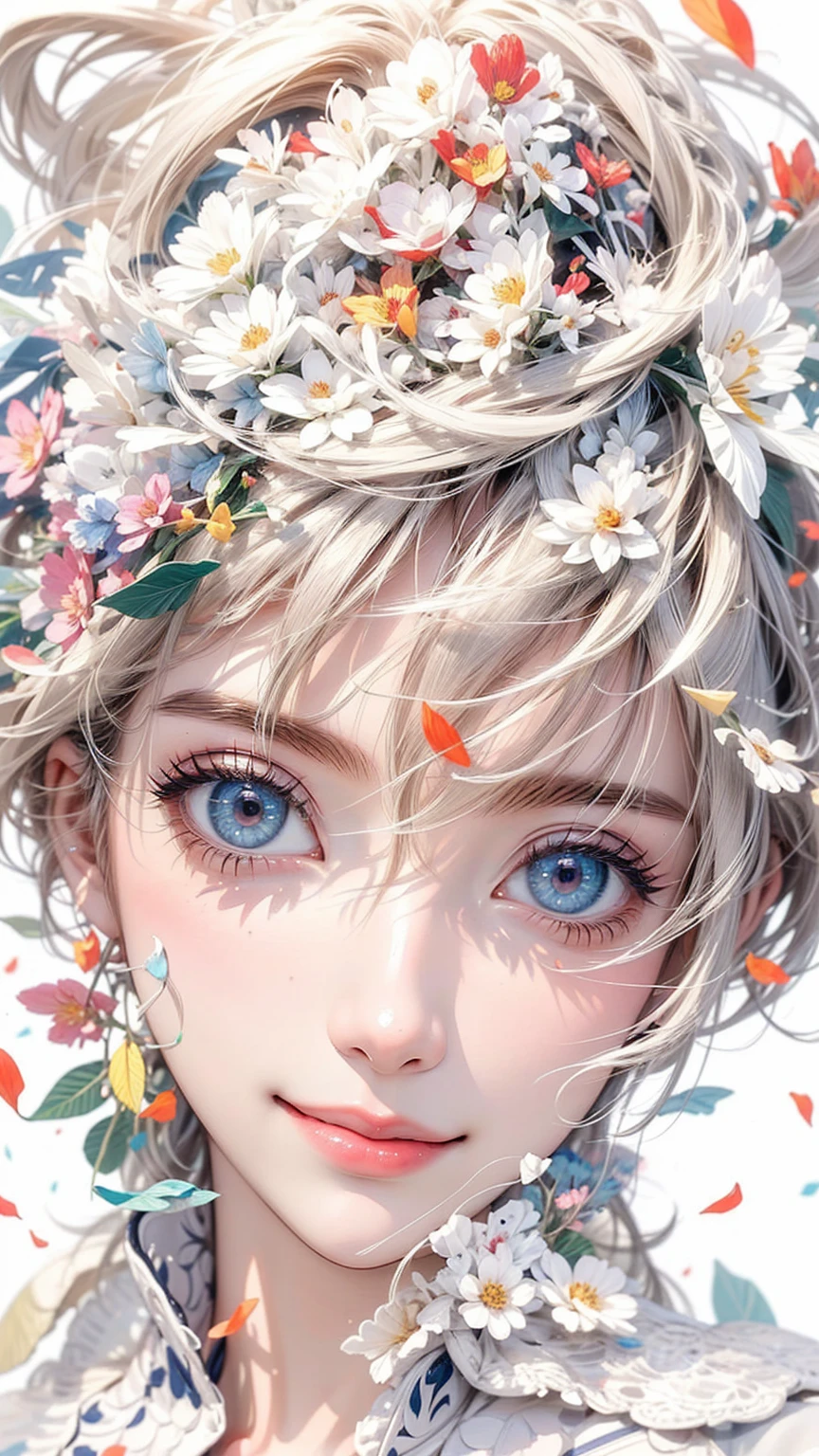(masterpiece, High resolution, highest quality), Composition from head to thighs:1.3, Upper body focus, 20-year-old woman, smile, Asymmetrical short hair, Disorganized, Petal Collage, abstract design, artistic juxtapositions, White background, mixed-media approach, Anime Style, simple lines, Digital Painting,