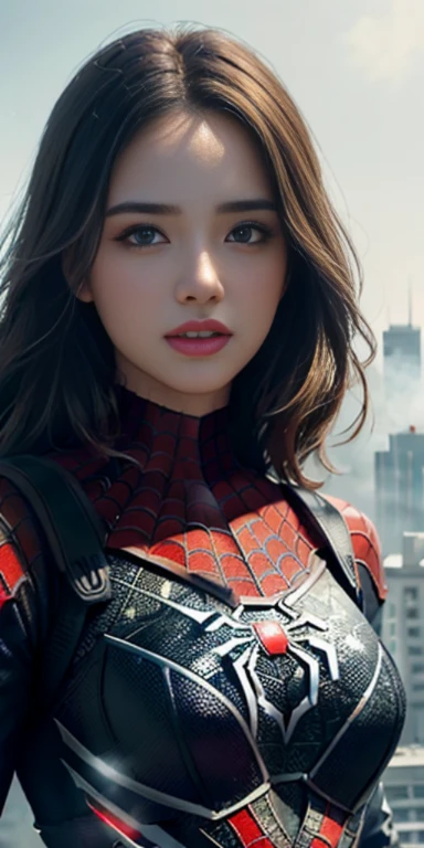 (1girl:1.3), Solo, (((Very detailed face)))), ((Very detailed eyes and face)))), Beautiful detail eyes, Body parts__, Official art, Unified 8k wallpaper, Super detailed, beautiful and beautiful, beautiful, masterpiece, best quality, original, masterpiece, super fine photo, best quality, super high resolution, realistic realism, sunlight, full body portrait, amazing beauty, dynamic pose, delicate face, vibrant eyes, (from the front), She wears Spider-Man suit, red and black color scheme, spider, very detailed city roof background, rooftop, overlooking the city, detailed face, detailed complex busy background, messy, gorgeous, milky white, highly detailed skin, realistic skin details, visible pores, clear focus, volumetric fog, 8k uhd, DSLR, high quality, film grain, fair skin, photo realism, lomography, futuristic dystopian megalopolis, translucent