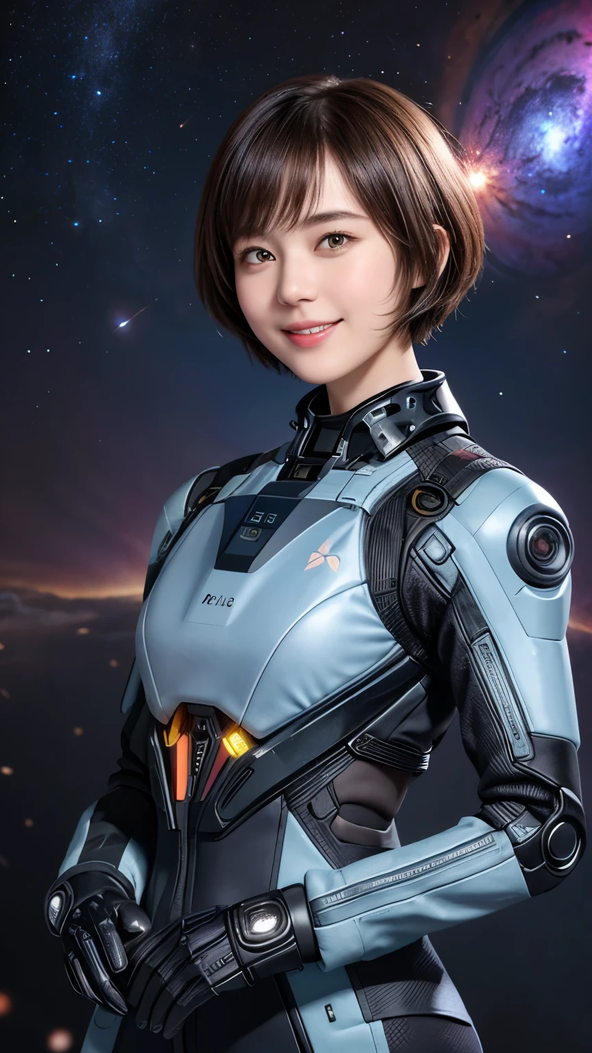 210 Short Hair, 20-year-old woman, Floral, A kind smile, Futuristic clothing, machinery suit, (The background is a galaxy and nebula), (Futuristic goggles)