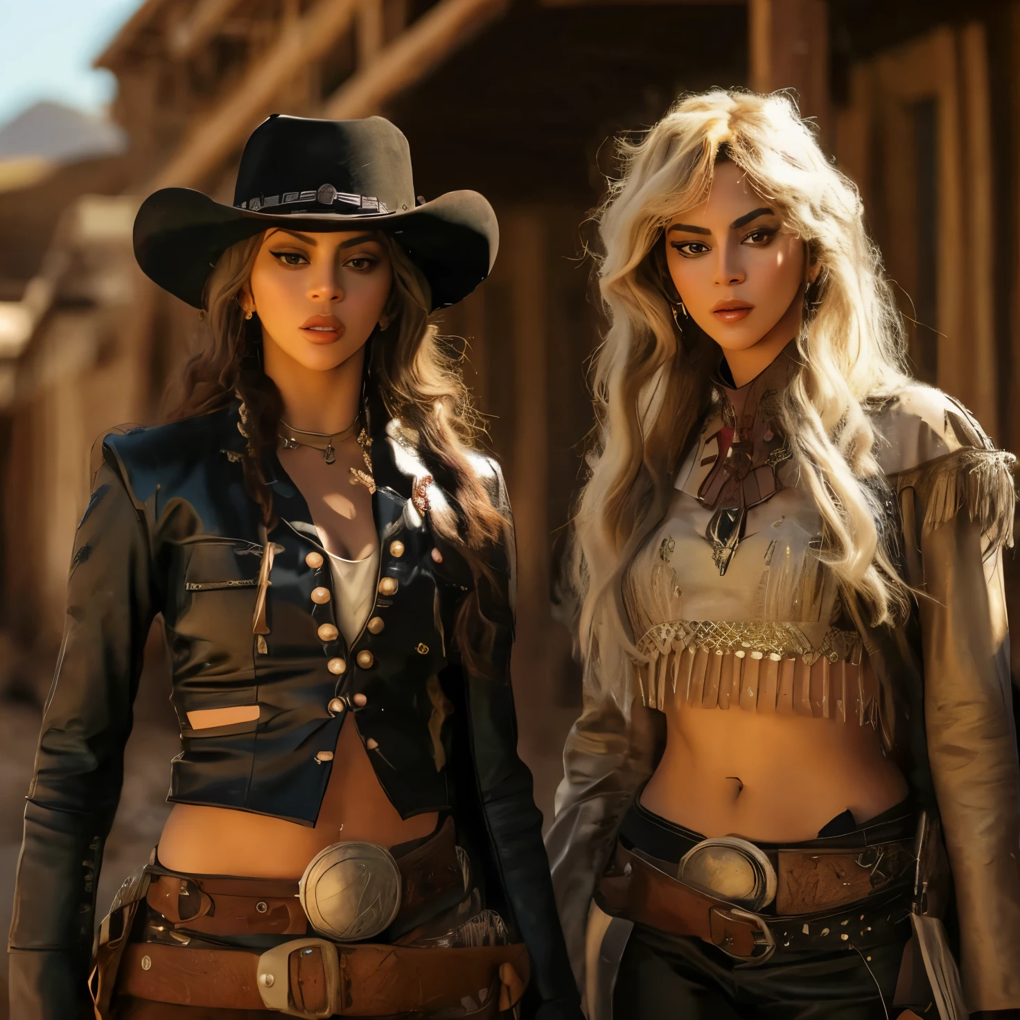 duas mulheres; Beyoncé e Lady Gaga com roupas de couro preto e branco estão no deserto, western vaqueira, velho Oeste, roupas de couro, in the velho Oeste, velho Oeste, Oeste selvagem, vaqueira, Beyoncé e Lady Gaga, 4 k Oeste selvagem, vestidas como xerifes ocidental, Oeste selvagem theme, an epic western, female vaqueira, Oeste selvagem, estilo do mundo ocidental, pistoleiro ocidental, Lady Gaga and Beyoncé.