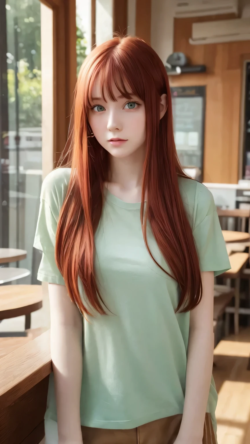 high quality, 4, best detailed and shadow, 1girl, she's 24 years old and pale skin, beautiful face with light red hair, green eyes, wearing little white T-shirt with short. standing in cafe, beautiful young face, little sexy
