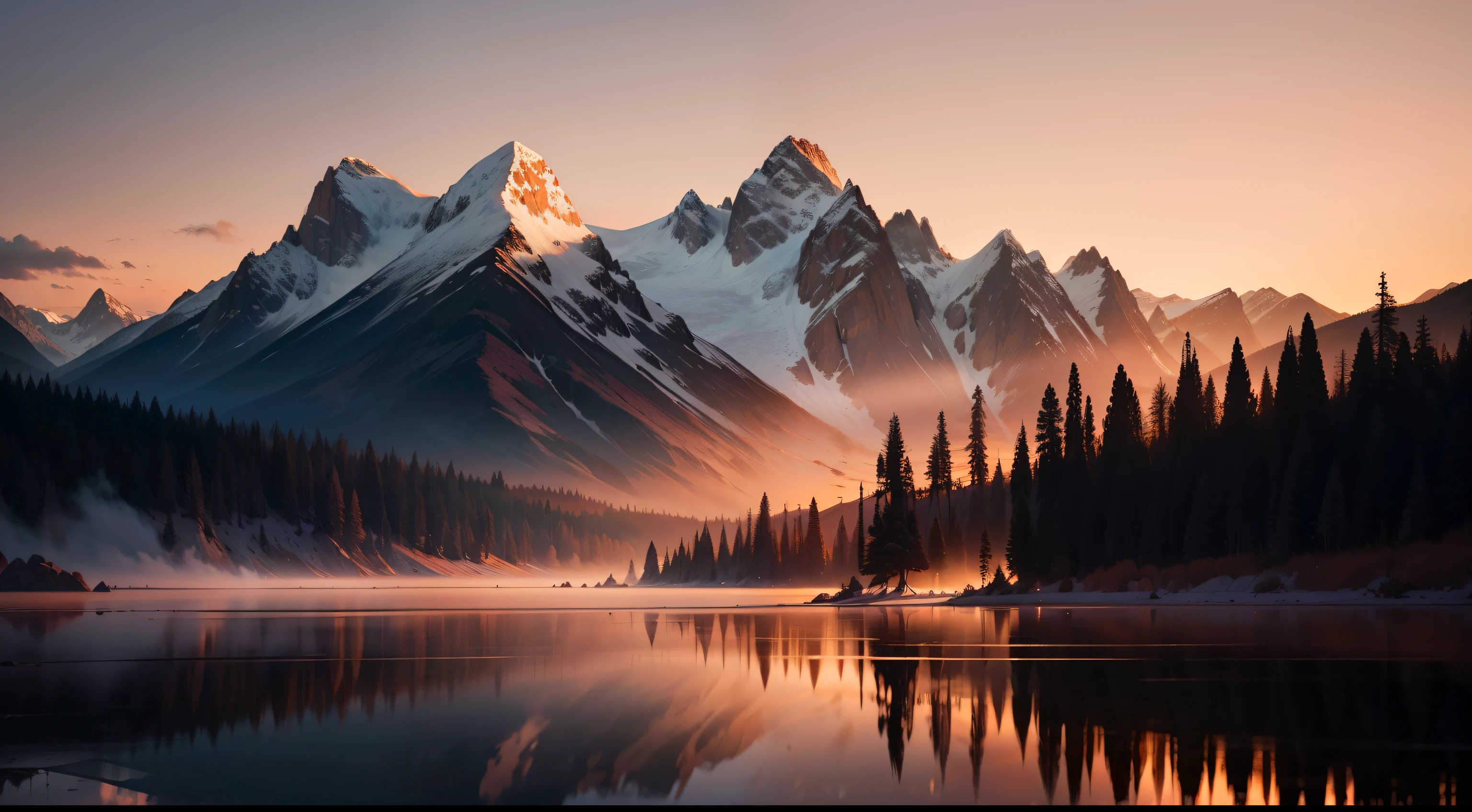 Photos when I was 16:9. Magnificent sunset over mountain landscape, Where the peaks are bathed in golden light，The sky was painted in soft orange and pink. The clouds stretch out in dramatic shapes, Creates a stunning and tranquil scene. reception, There is a quiet lake，Reflecting the beautiful sky, The silhouettes of the trees add a touch of mystery to the landscape. The 16 aspect ratio captures the balanced composition and vastness of nature.:9. Convey a sense of calm and wonder at the magnificent natural surroundings.