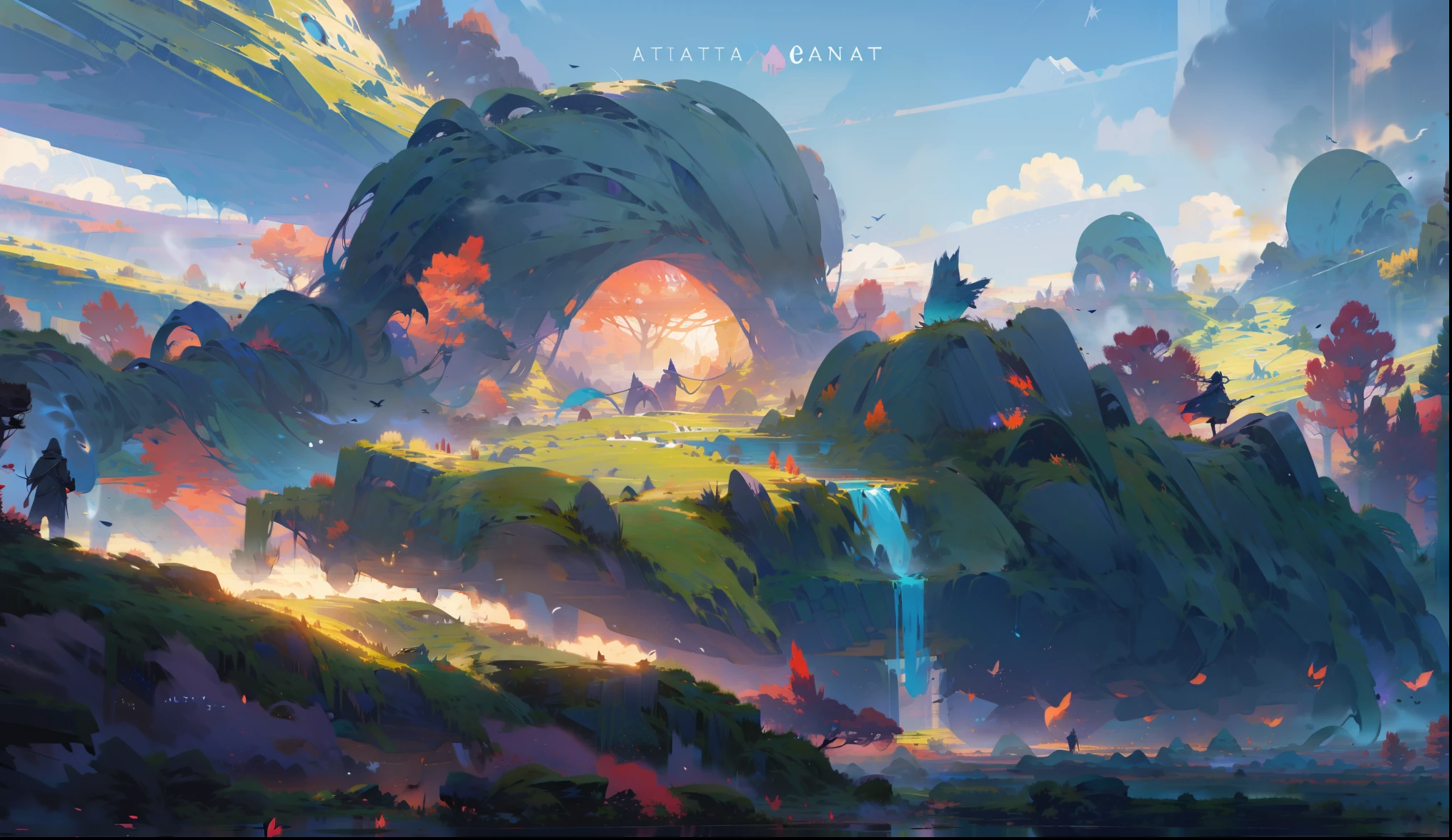 landscape with a giant human skull in the horizon, masterpiece,gorgeous, horizont, sunset,magic, detailed clothes, artistic, purple, dust, mountain, best quality, ((no_humans)), colorful, reflections, fog, birds, deailed,intricate, nature, ancient, beasts, flowers,