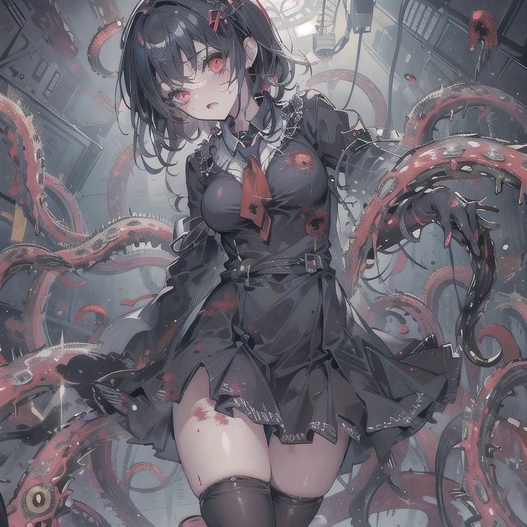 masterpiece, best quality, masterpiece,best quality,official art,extremely detailed CG unity 8k wallpaper, show foot, ***********, solo, kawaii, no_humans, medium hair, black hair, tentacle hair, saliva, blood on face, light blush, red eyes, blood from eyes, large breasts, hanging breasts, one breast out, seifuku, black pantyhose, uwabaki, tentacle, vore, bdsm, girl_on_top, sex, femdom, facesitting, pussy_juice, female_ejaculation, cum, zombie  girl ，one girl one boy，Girl infects man，Man under girl，Zombie girl