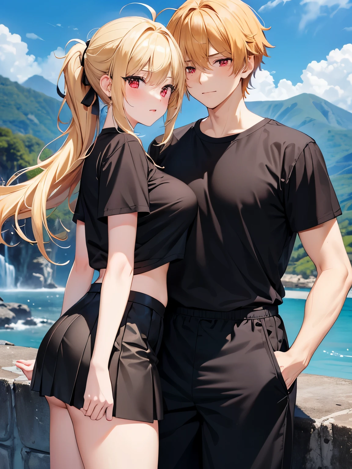 Couple, women and men,18 years old, duo,Romantic pose,On a lava mountain, blush,(womenwith long hair,blonde hair,ponytail,black t-shirt,black mini skirt,red eyes,very big breast,Tennis skirt), (men with short hair,messy hair,blonde hair,black t-shirt,black trousers,Plain t-shirt,),ultra detail, ultra hd, masterpiece 