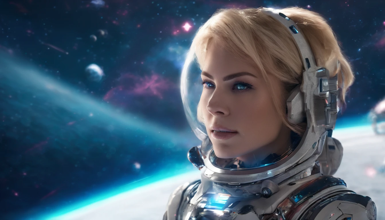 Girl, solo, mechanical upper body, filmisch, blonde hair, UHD, retina, masterpiece, textured skin, high details, 4K