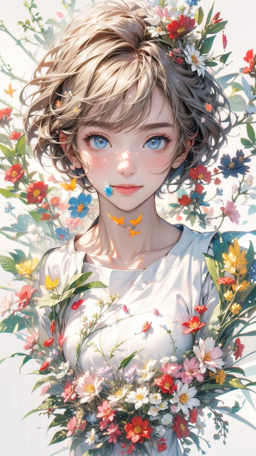 (masterpiece, High resolution, highest quality), Composition from head to thighs:1.3, Upper body focus, 20-year-old woman, smile, Asymmetrical short hair, Disorganized, Petal Collage, abstract design, artistic juxtapositions, White background, mixed-media approach, Anime Style, simple lines, Digital Painting,