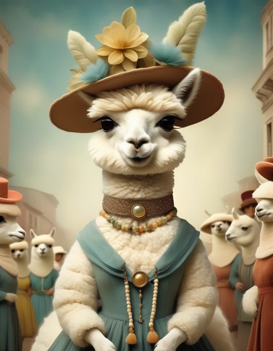 in style of Christian Schloe, beautiful details,(Cute alpaca fashion show), Alpaca is anthropomorphized with makeup,whole body,Fashion trends for summer 2024,Khaki,milky,Charming Alpaca,Enchanting Alpaca,Walking on a catwalk,Dynamic poses,Cool,Cute big eyes,necklace,hat,Fashion,Cartoon,iin style of Terracotta artwork , portrait,background:Fashion show catwalks