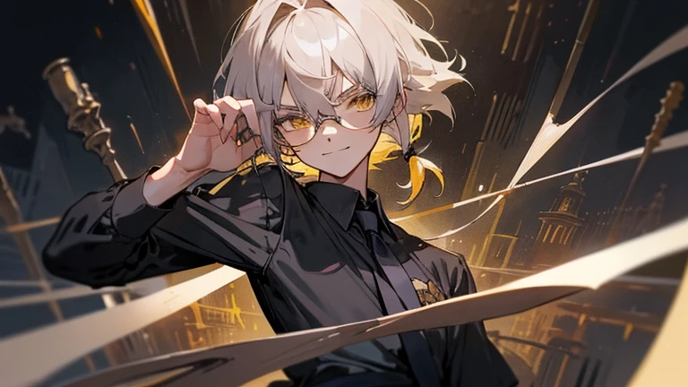 anime boy, a picture of man, 22 years old, business man, yellow eyes, gray hair, has a bangs, medium hair, tied hair in back, his left bangs longer than his right, glasses, serious eyebrows, work clothing, black shirt, black tie, bring antique watch, in a vintage roomwork, serious but smiling, smirk