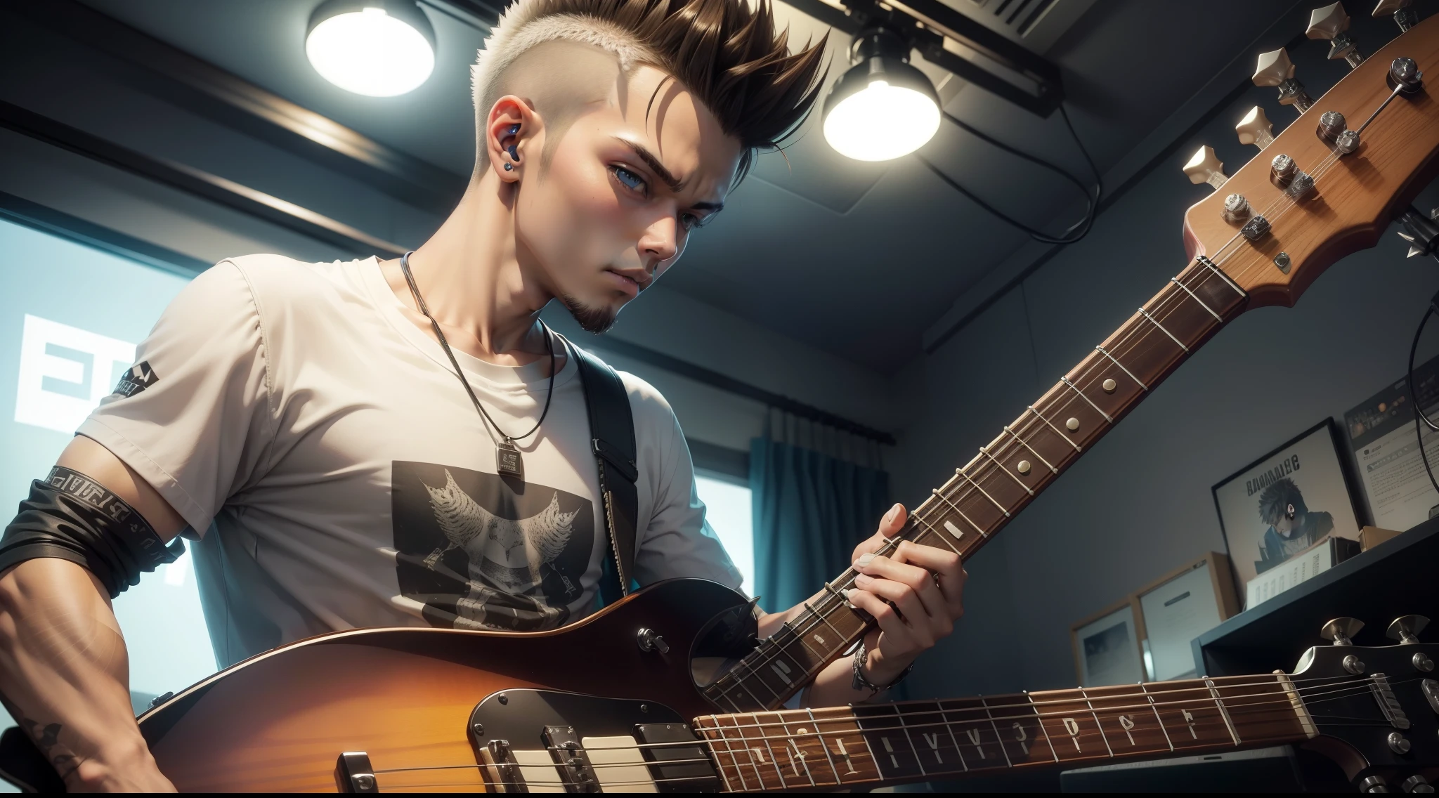 FelixGameVibeKingofBassは、With short spiked hair, wearing a short shirt and playing the guitar、Showing your whole body