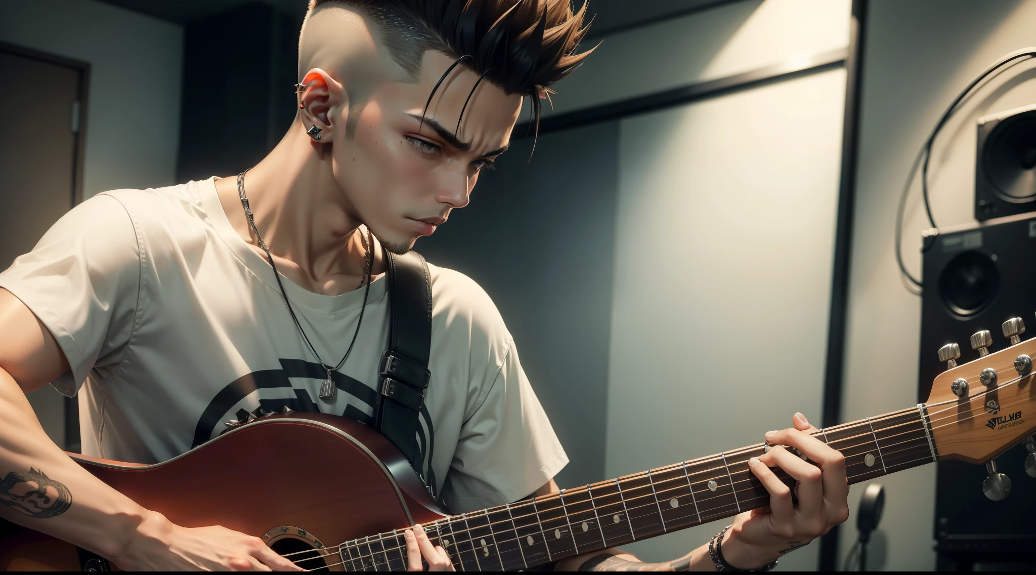 FelixGameVibeKingofBassは、With short spiked hair, wearing a short shirt and playing the guitar、Showing your whole body