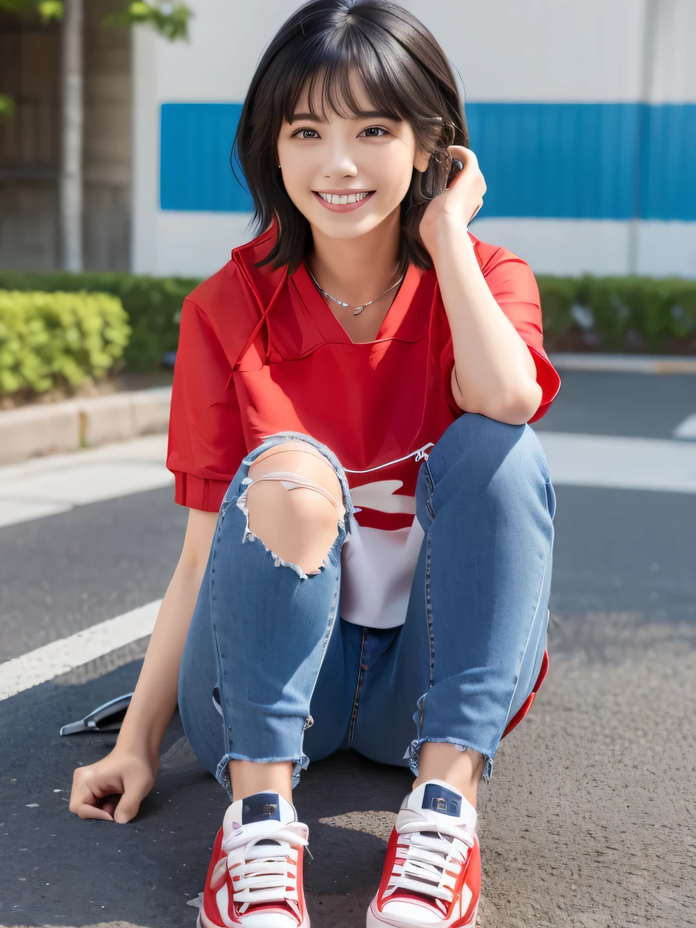 3), (8k, Realistic, RAW Photos, highest quality:1.4), (Realistic face), (Black Hair、Short Haircut、Beautiful Hairstyles、Ear piercing、, smile、Beautiful teeth alignment、Beautiful small blue eyes, (realistic skin texture), (Beautiful Skin),charm, Ultra-high resolution, Ultra-realistic skin, (Natural light)、Golden Ratio, ((smile)), ((full body shot)), (((Red trainer)))、((Skinny jeans、sneakers)