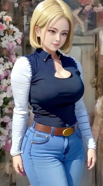 ((Main Part,best quality)), blond, Yellow hair, case, Android_18_.D B, jeans, striped long sleeve shirt, blue denim vest, Solitary, smiling, Looking at the audience, Cowboy shooting, Film composition, Dynamic poses, whole body, Brown boots, side profile, Show leg side, Show side, from the side, Stand up, whole body, jeans azul, reflection, short hair, Big Ass, Cleavage, thin waist, A bit big,Large bust,Cleavage,whole body照,