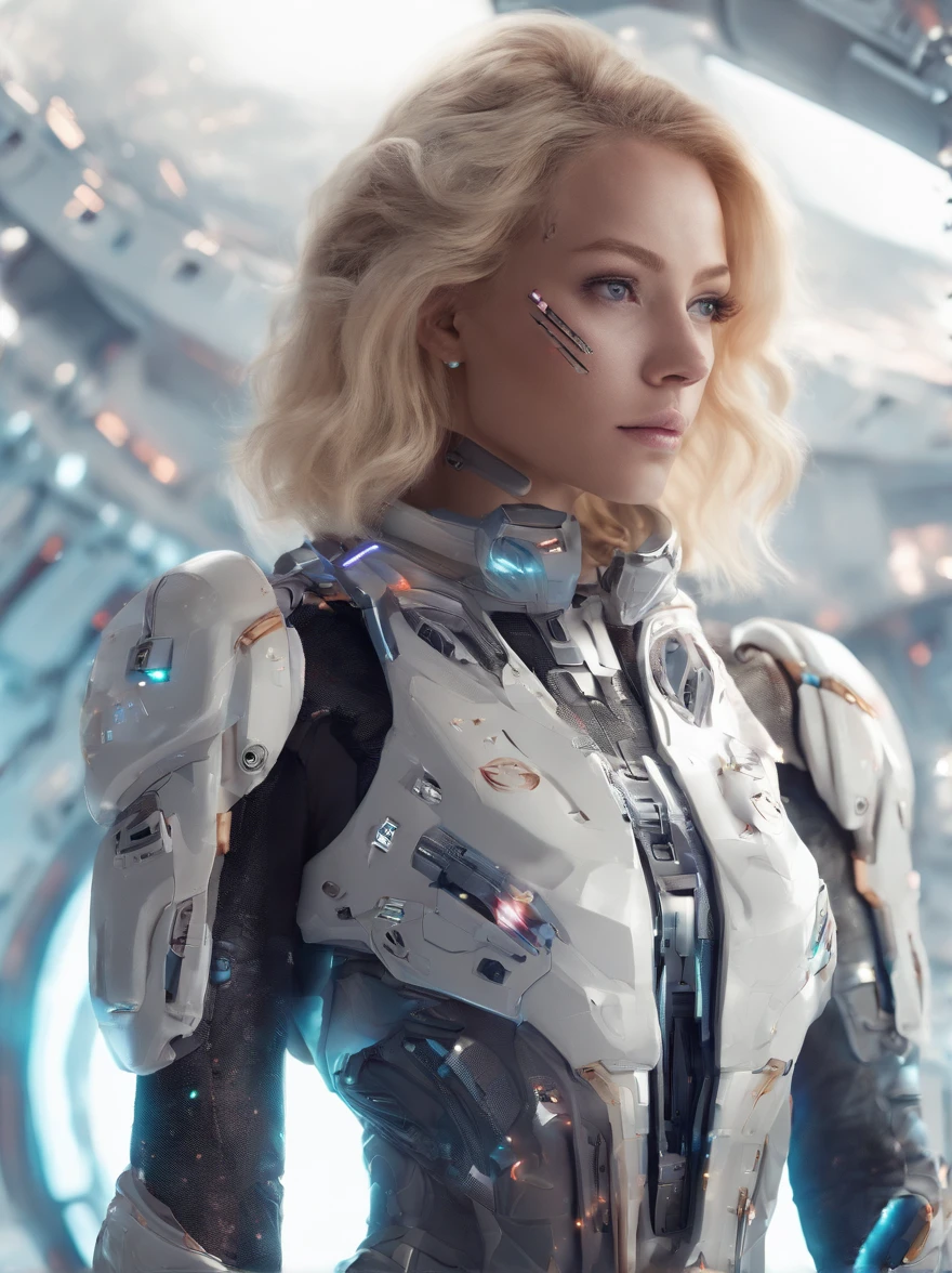 Girl, solo, mechanical upper body, filmisch, blonde hair, UHD, retina, masterpiece, textured skin, high details, 4K