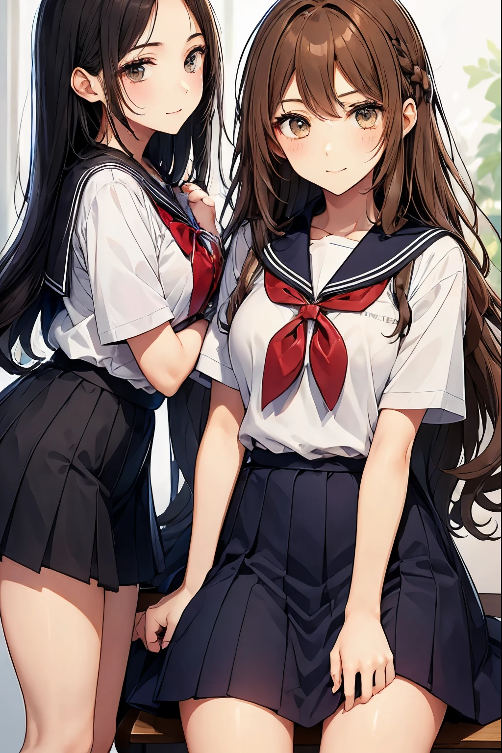 A brown-haired high school girl is hugging a seated black-haired high school girl from behind、School classroom、seductive smile、