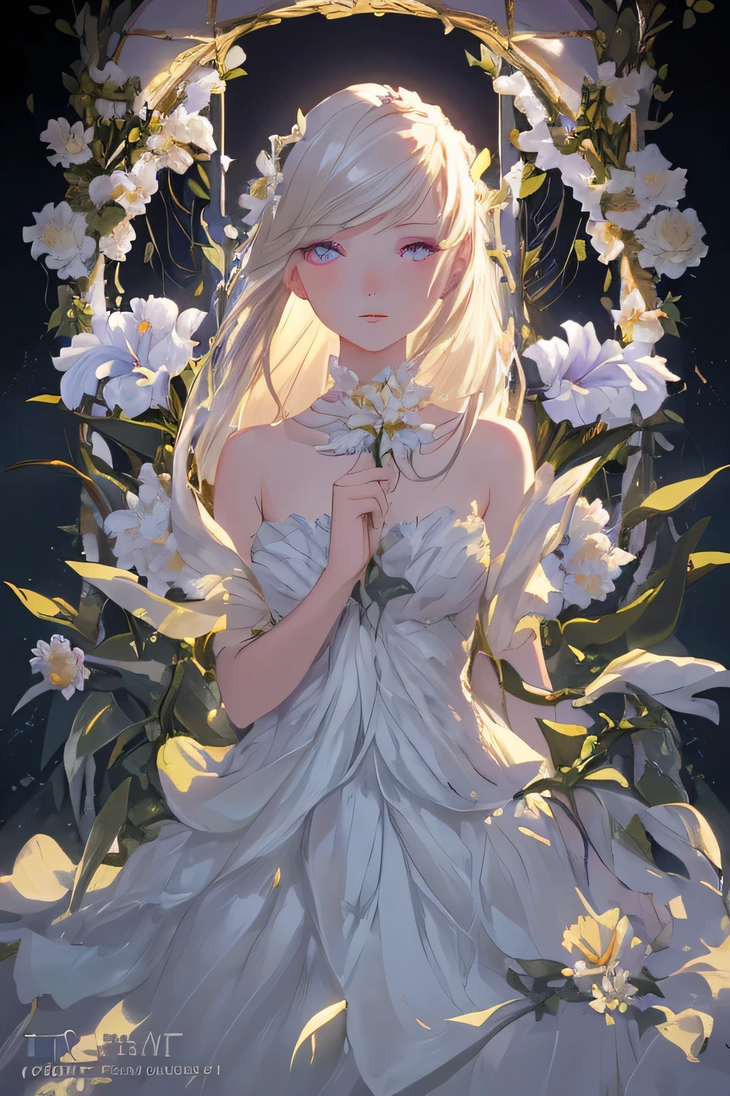 The concept is based on the image of gardenia flowerasterpiece, highest quality)), High resolution, 8k, Cinematic Light, High Contrast, Written boundary depth, Strong brilliance, Detailed Background, One Girl, cute, fine grain, Shining eyes, Detailed Iris,
