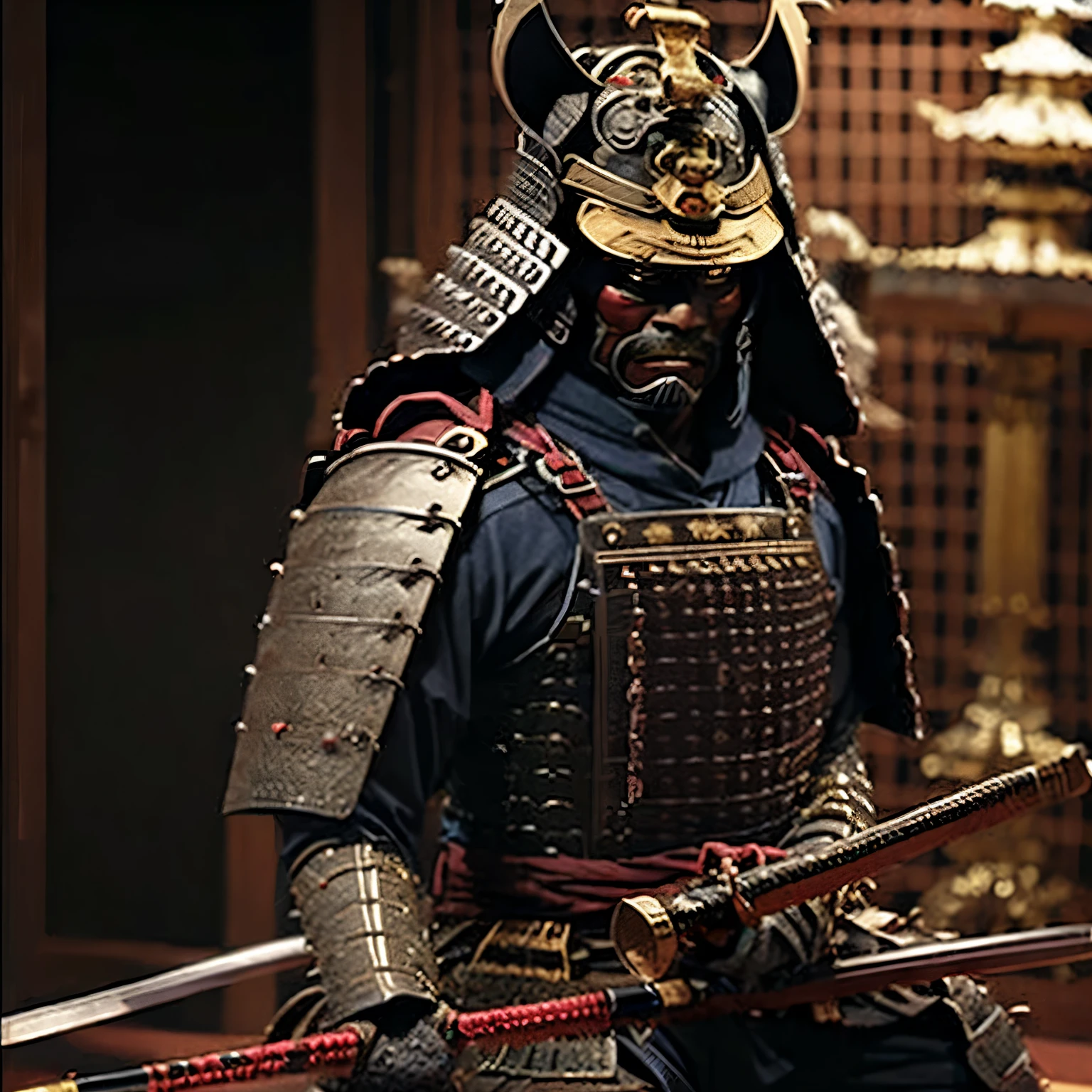 Samurai in jet black armor and helmet