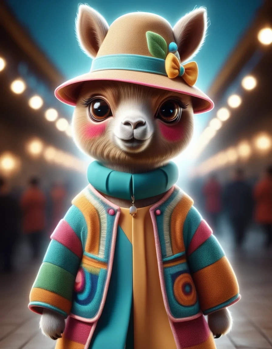 in style of Patchwork , portrait,(Cute alpaca fashion show), Alpaca is anthropomorphized with makeup,whole body,Shooting poss,Fashion trends for summer 2024,Khaki,milky,Charming Alpaca,Enchanting Alpaca,Walking on a catwalk,Dynamic poses,Cool,Cute big eyes,necklace,hat,Fashion,Cartoon,iin style of Terracotta artwork , portrait,background:Fashion show catwalks