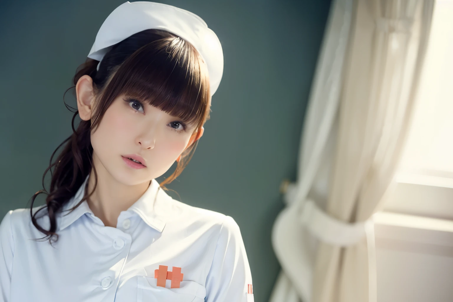 1 girl,(Wearing white nurse clothes:1.2),(Raw photo, highest quality), (realistic, photo-realistic:1.4), masterpiece, very delicate and beautiful, very detailed, 2k wallpaper, wonderful, finely, very detailed CG unity 8k wallpaper, Super detailed, High resolution, soft light, beautiful detailed girl, very detailed eyes and face, beautifully detailed nose, finely beautiful eyes, nurse, perfect anatomy, black hair, up style, nurse uniform, ((nurse cap)), long skirt, nurse, White costume, thin, hospital, clear, White uniform, hospital room, Neck auscultation, ((head shot))