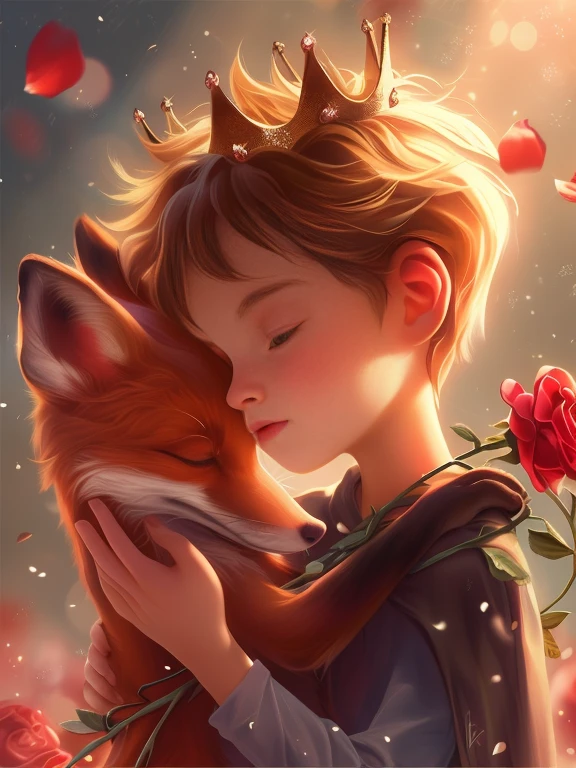 Boy wearing a crown hugging a fox among flowers, Cute numbers, Fantasy Fox , Lovely and detailed digital art, Artwork in the style of Guweiz, Beautiful digital illustrations, Artgerm and Atey Ghailan, Detailed fan art, Beautiful digital illustrations, Cute numbers艺术, Flower Prince, Stunning digital illustrations, author：Yang Jie, Beautiful digital painting