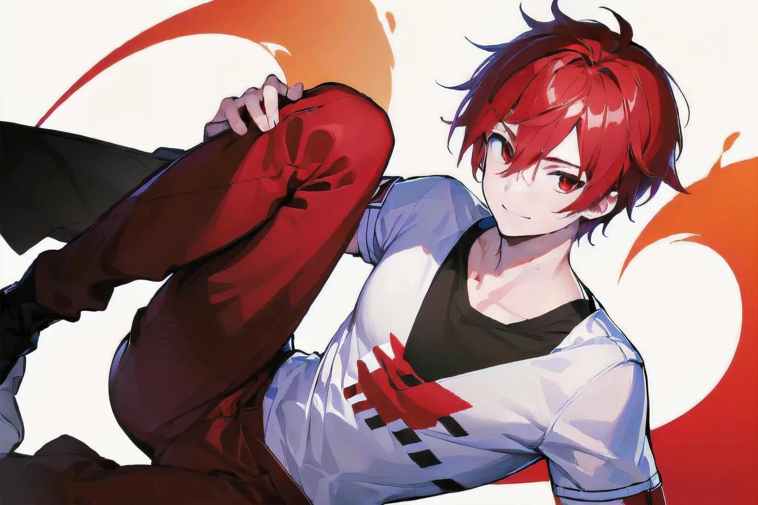 [(WHITE BACKGROUND:1.5),::5], ((((masterpiece)))), high quality, very_high_resolution, large_filesize, full color, ((boy)), 16 old year, short red hair, vivid color, red eye, civilian clothes, anime, smile, Below the knee to upper body, (Blaze effect:1.3)