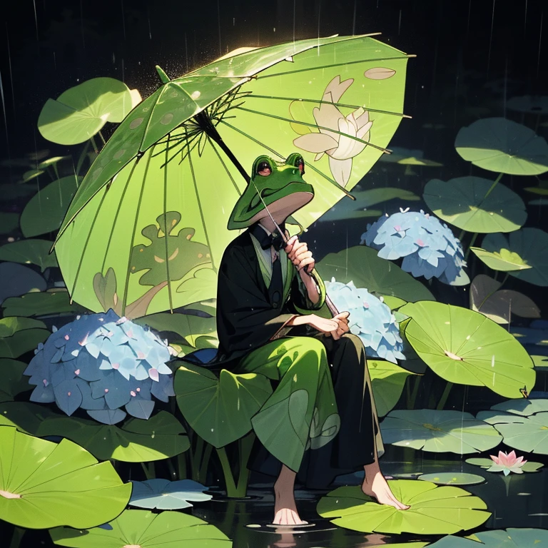 Anime-style frog character, Sitting on a lily pad, Holding a hydrangea umbrella, Raindrops gently falling, Reptilian friend in a vibrant world,

Nimble amphibian prince, Adorned with intricate anime-inspired patterns, Sheltered under colorful hydrangea umbrella, Soft petals shielding him from the rain,

A captivating scene of froggy friendliness, Beautifully depicted anime artistry, A unique perspective of the natural world, A charming addition to your day.

Anime frog tycoon, Exuding confidence on a lotus leaf throne, Umbre
