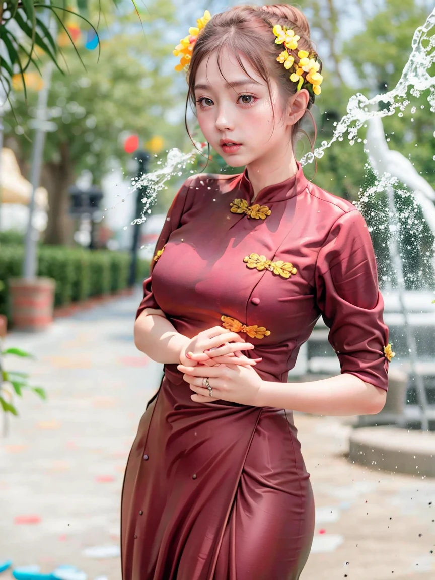 As she was wet with water, her beauty became more apparent, and her attractive body was revealed 