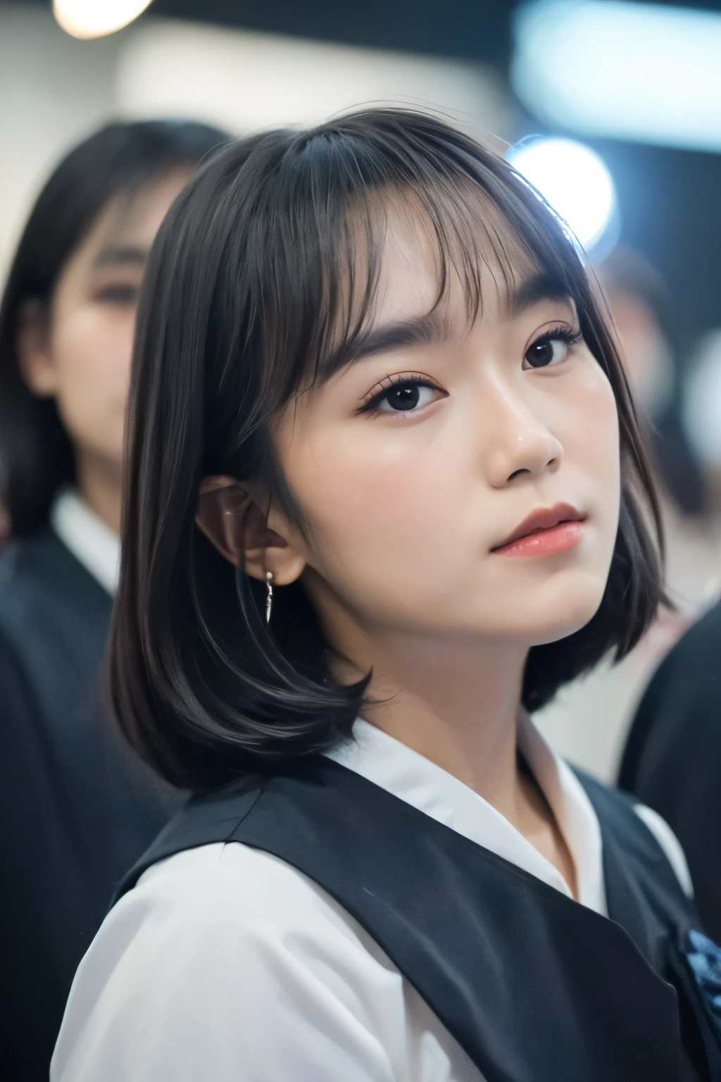 freya from JKT48, idol, indonesian girl, ash gray hair, wearing a black japanese school unform, in the stage, close up, looking at camera, cinematic, sharp lense, professional photographie, 70mm lense, soft light, colorful background, 4k