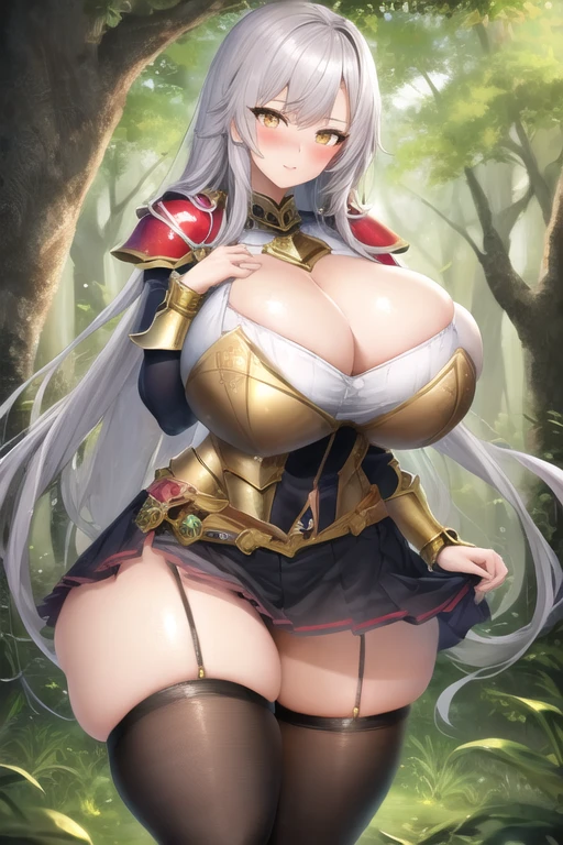 masterpiece, best quality, 1girl, forest, white hair, long hair, golden eyes, cute, blushing, horny, (silver and gold knight armor:1.2), skirt, thigh highs, (curvy, slim waist, big breasts, bursting breasts, wide hips, huge thighs:1.1)
