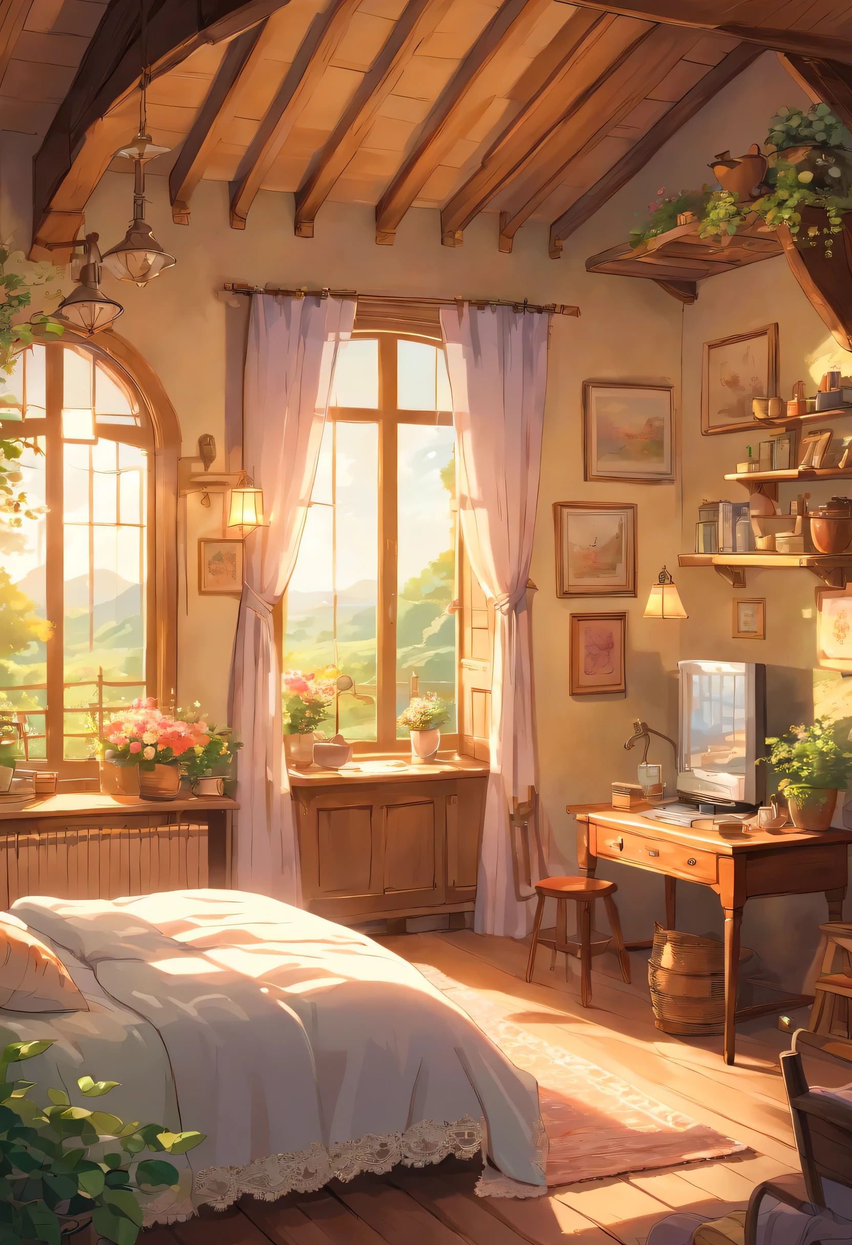 cozy cabin bedroom, Subtle yellow theme, Sunny windows, painting, detailed, Retro furniture, Floral Pattern, soft light, Peaceful atmosphere, morning sunshine, Lace curtains, Wooden floor, flower wallpaper, Comfortable bedding, Fluffy pillows, Warm colors, breeze, Peaceful atmosphere, morning dew, Rural charm, Exquisite details, Tempting space, A peaceful escape, vintage decor, nostalgic vibes, Dreamy aura, Cozy reading corner, Exquisite lace tablecloth, The sun shines through the curtains, antique desk, Vintage lights, soft embellishment, relax, A peaceful refuge, Calm and comfortable, haven of tranquility, Comfortable blankets, Exquisite tea set, Glamorous accessories, Nature's gentle whisper, Subtle elegance, Serene countryside. (best quality, high resolution), (Practical:1.37), Warm colors, Soft and dreamy lighting.