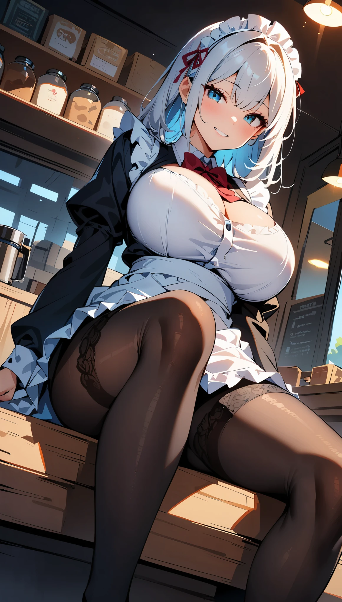 (high quality, 8k, 4K, High Contrast, masterpiece:1.2, 最high quality, Best aesthetics), Beauty, Maid, Very detailed, Seductive and erotic girl with lace headdress, smile, (Big Breasts, silver hair), Focus on the face, Focus on the face, Complex eyes, tights, laced tights, coffee shop, Sitting, Dynamic Angle, feet in tights,