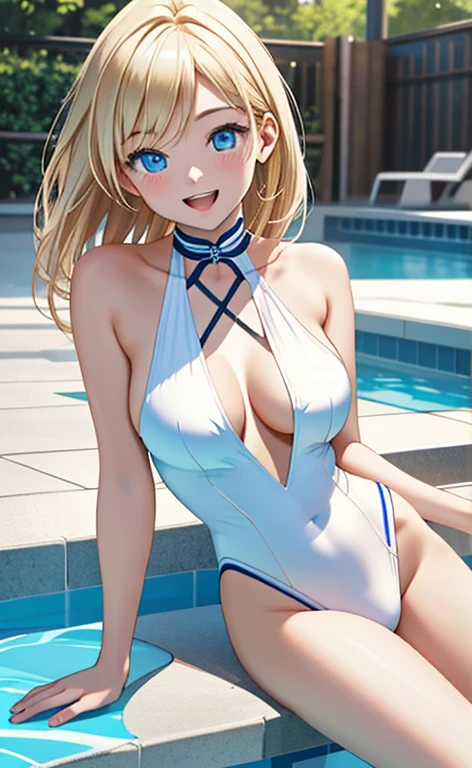 (realistic:1.4、masterpiece、top-quality、8k size wallpaper、offcial art)、(character focus、cowboy shot)、(1girl),(Open mouth happy smile:1.3),(),cute face,blue eyes、()、
,(sit),(Shining smile),
,(slender),(neck holder white swimsuit),(longblonde hair1.3), (large breasts)、
、fluorescence、pool,、