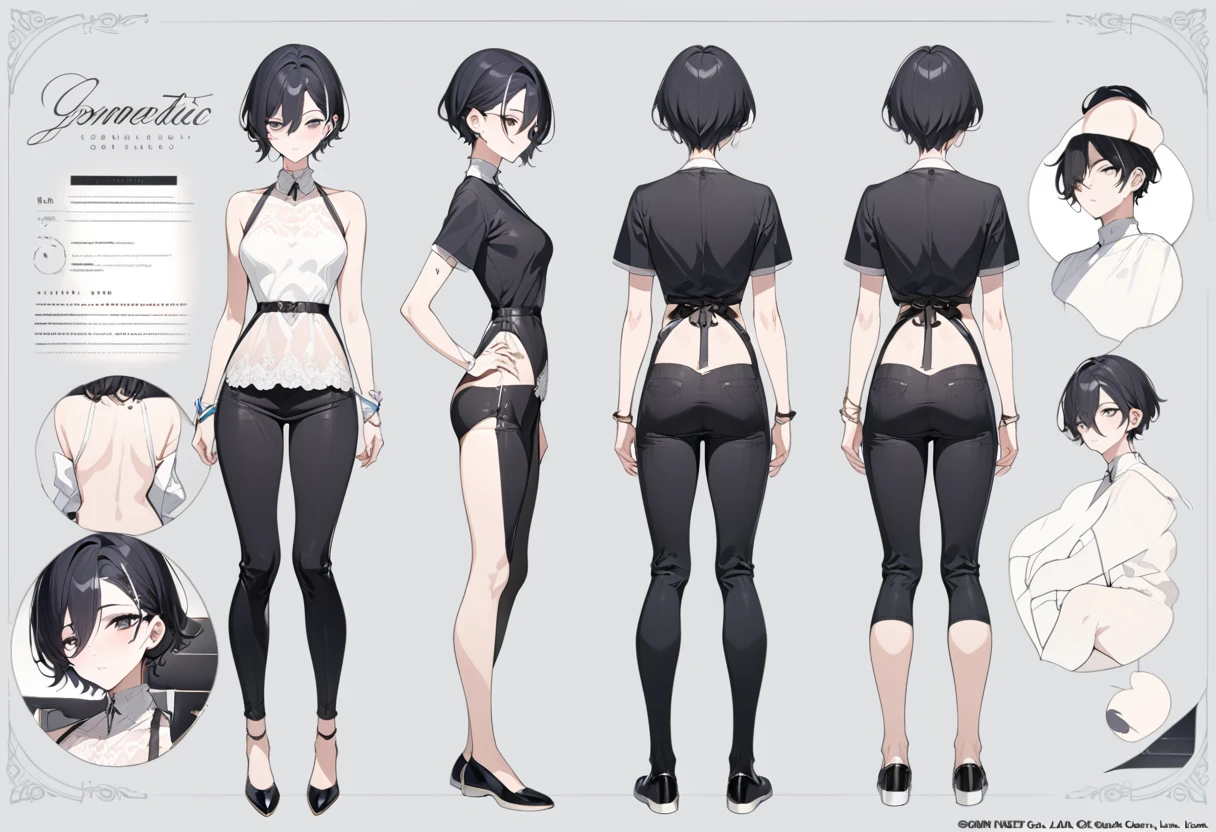(masterpiece, highest quality, highest quality, official art, Cosmetology and aesthetics: 1.2), boy, short hair, black hair,hair behind ear,hair between eyes, delicate,whole body,standing boy,three view drawing, front and back and side,full body,simple background