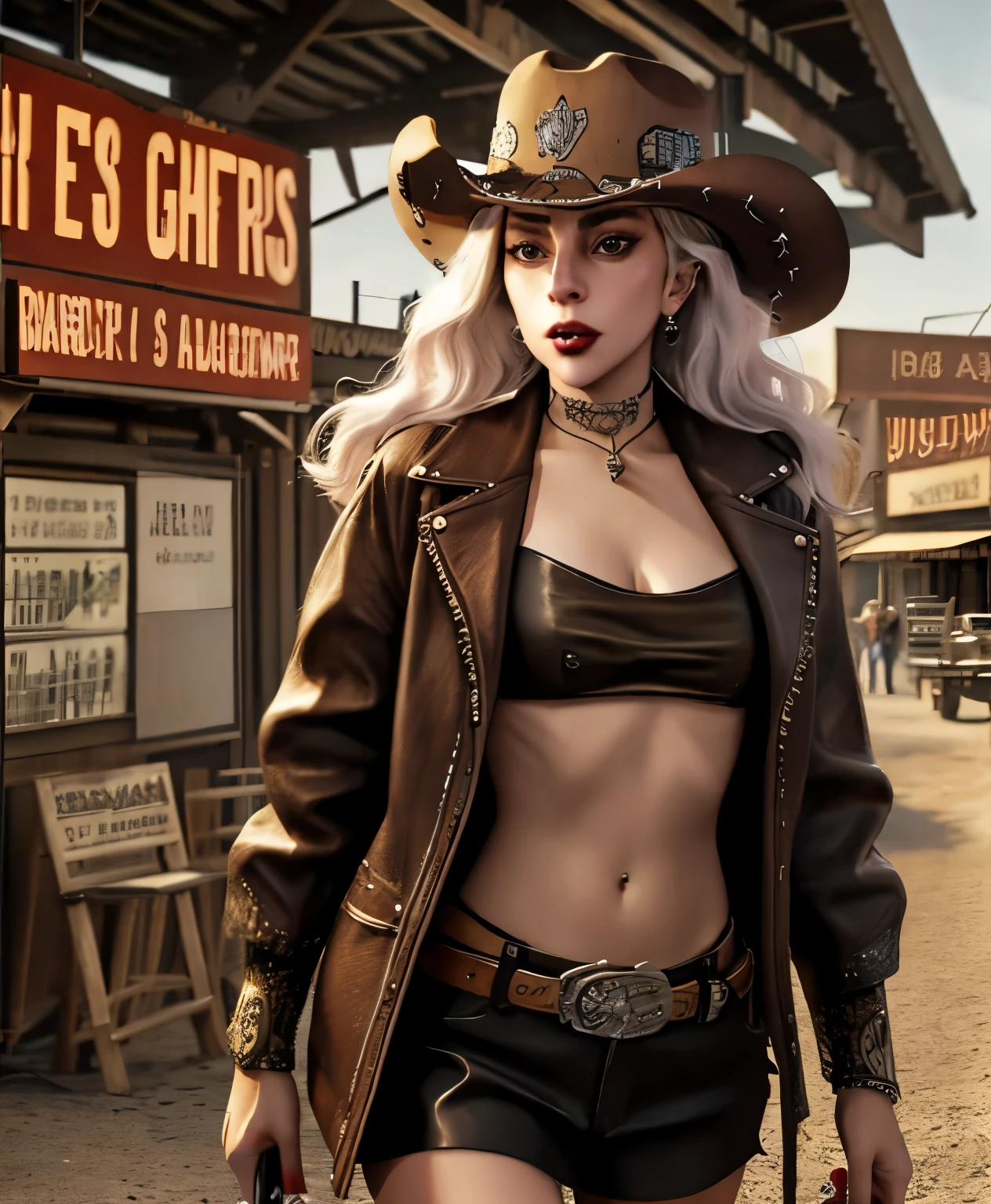  Lady Gaga in cowboy clothes are in a western town, estilo do mundo ocidental, 4 k Oeste selvagem, velho Oeste, roupas ocidentais, western vaqueira, velho Oeste, no show westworld, cyberpunk Oeste selvagem, in the velho Oeste, in a Oeste selvagem town, space western, vaqueira, vaqueira, estilo vaqueiro, Oeste selvagem, Cyber Ocidental, pistoleiro ocidental, Lady Gaga.