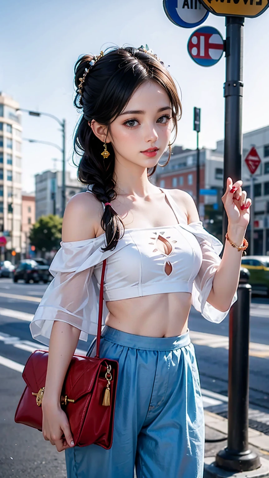 (最high quality, 8k, masterpiece: 1.3, Ultra HD, high quality, 最high quality, High resolution, realism)) 、25-year-old Caucasian female、Brunette、blue eyes、Long Hair、smile、thin、thinだがアスリートのような細マッチョ、I'I don't want my head to disappear from the screen..、wear accessories on your wrist、wearing red nail polish、Having a pedicure、Sheer off-shoulder top((Shoulder Cutout Tops))wear、シアーAladdin Pants((Aladdin Pants))wear、サンダルwear、Put the tote bag on your shoulder、Princess Two Side Up((Two-side up hairstyle))、skyscraper background、Waiting for a traffic light at an intersection