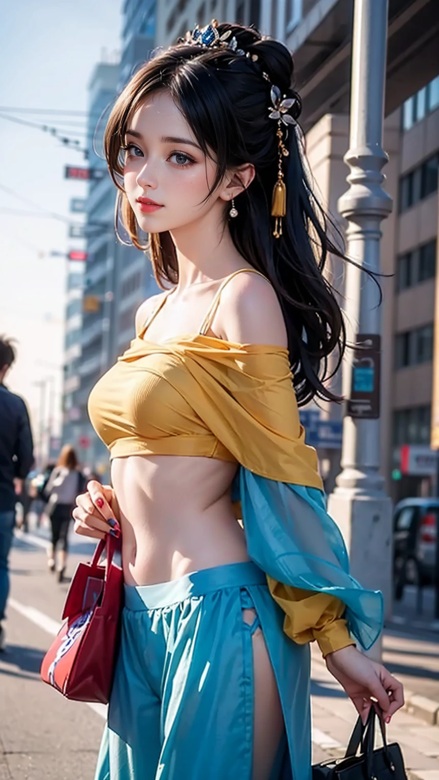 (最high quality, 8k, masterpiece: 1.3, Ultra HD, high quality, 最high quality, High resolution, realism)) 、25-year-old Caucasian female、Brunette、blue eyes、Long Hair、smile、thin、thinだがアスリートのような細マッチョ、I'I don't want my head to disappear from the screen..、wear accessories on your wrist、wearing red nail polish、Having a pedicure、Sheer off-shoulder top((Shoulder Cutout Tops))wear、シアーAladdin Pants((Aladdin Pants))wear、サンダルwear、Put the tote bag on your shoulder、Princess Two Side Up((Two-side up hairstyle))、skyscraper background、Waiting for a traffic light at an intersection