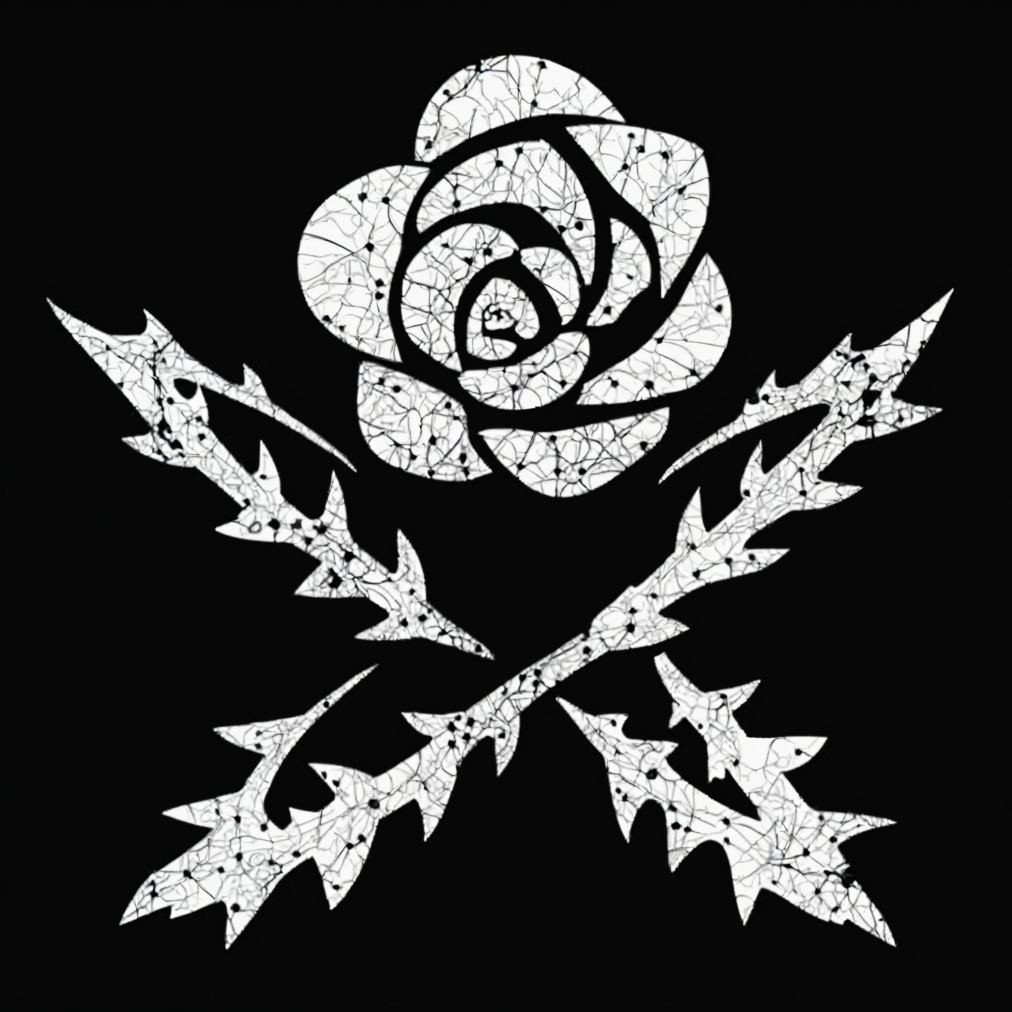 1 rose, a close up stamp of a rose with vines with thorns, rose and thorns on a black background, punk art, desertpunk, flowerpunk, rose, crass, floralpunk, flat illustration, a close up of a black and white image of a vines with thorns, crossed vines with thorns, black metal band logo, black metal logos, thorn background. d&d, flat illustration, big thorns