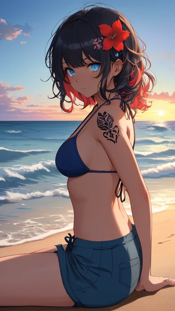 Short black haired woman with thick anime style build and tattoos watching a sunset on the beach while wearing a bikini