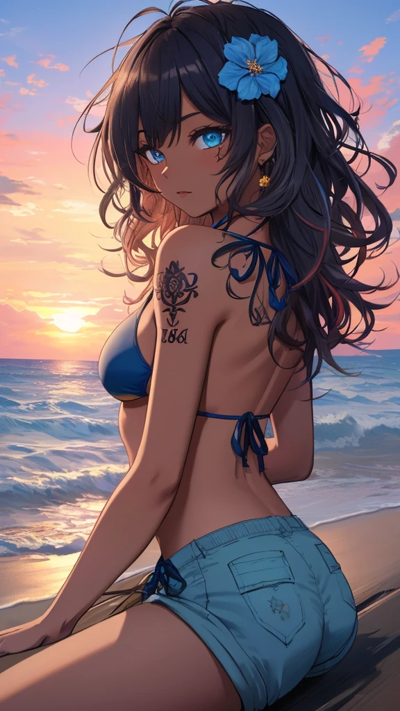 (masterpiece, best quality, ultra detailed, ultra high resolusion, highres,8k:1.4), BREAK,20_years_old, 1giri sitting-on-the-the edge-of-the-waves,beach,(looking away:1.5), (dark_skin:1.2),(tribal_tatoo),(wavy hairs),(messy hair),(asymmetry bangs),(multicolored hair), 
Tsurime Eyes, (((blue eyes))),
((flower hair ornament)),(shortpants,bikini:1.4), sunset, from side, 