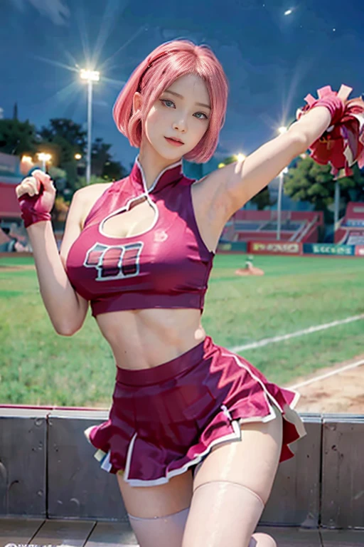 The true picture、8k,Realistic Skin、Realistic photos、Naruto's Sakura Haruno, (((Big Breasts))), sternum, Cheerleader, baseball team Cheerleader, skirt, Beautiful eyes in every detail, eyelash, Beautiful double eyelids, eye shadow, length, Narrow eyes, Perfect Eye Makeup, Captivating smile, Beautiful and slim legs, Pink bob cut, Pink shorthair,, Earrings, hair band、raise your arms high、Elbows at head level、Stand on the baseball field at night, Panties are visible