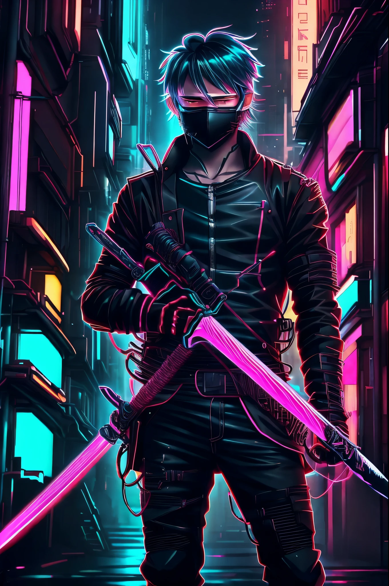  anime art, boy, holding sword , badass, city , neon head ,cynerpunk, bloody , 8k wallpaper, anime , wearing black coat , blue eyes , high resolution , looking front,black hairs , wearing mask ,long hairs