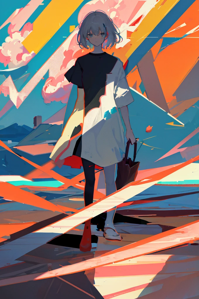 (shape: giant gram), (Flat Color:0.9),(colorful:1.1),(masterpiece:1,2), highest quality, masterpiece, High resolution, original, Highly detailed wallpaper, View your viewers,,,A Cyborg Girl,alone,Portraiture, T-Shirts, Mark Rothko & basquiat style background, oil, abstract expressionism, Expressionless,cherry blossoms,cherry blossomsの花,cherry blossoms並木,Five fingers,Standing with a good-looking face,Gray Hair,Short Bob