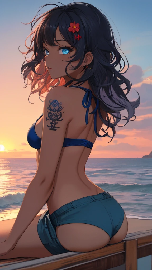 (masterpiece, best quality, ultra detailed, ultra high resolusion, highres,8k:1.4), BREAK,20_years_old, 1giri sitting-on-the-the edge-of-the-waves,beach, (dark_skin:1.2),(tribal_tatoo),(wavy hairs),(messy hair),(asymmetry bangs),(multicolored hair),
Tsurime Eyes, (((blue eyes))),
((flower hair ornament)),(shortpants,bikini:1.4), sunset, from side, looking away,