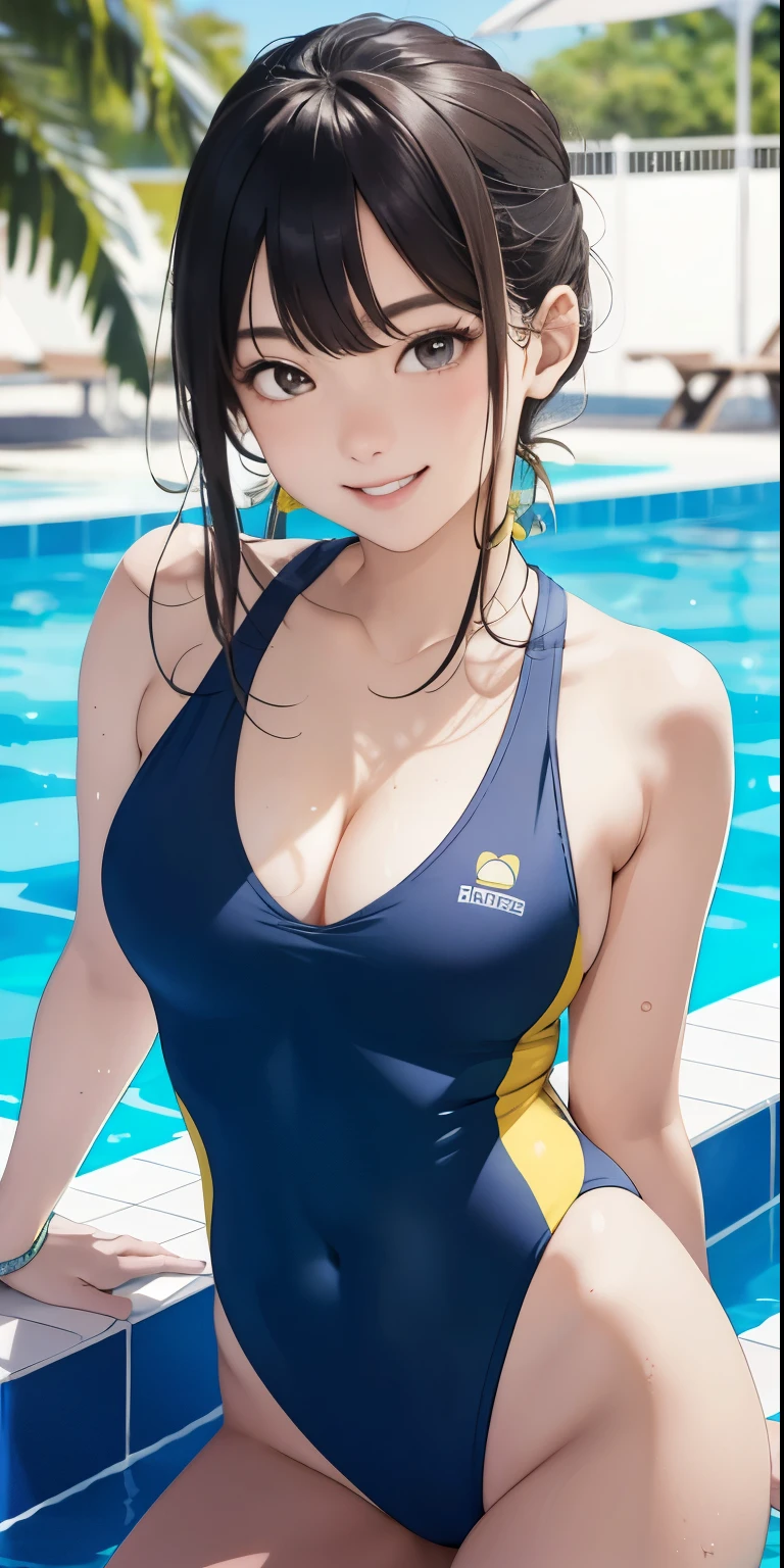 Realistic、18 year old girl、wearing a yellow swimsuit，smile，Emphasize cleavage，Face Real，lips are a little red，cheeks are a little red，Sexy，Pool