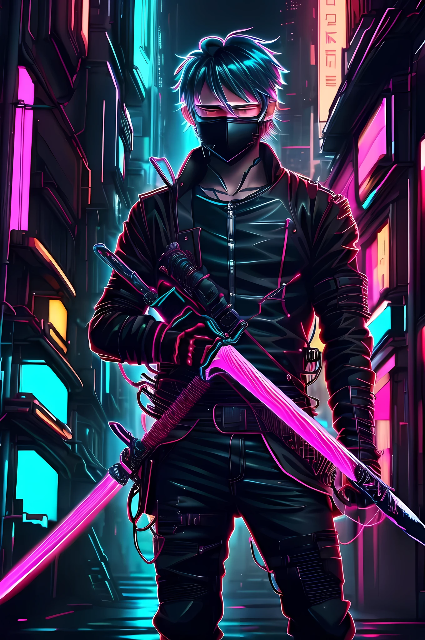  anime art, boy, holding sword , badass, city , neon head ,cynerpunk, bloody , 8k wallpaper, anime , wearing black coat , blue eyes , high resolution , looking front,black hairs , wearing mask ,long hairs