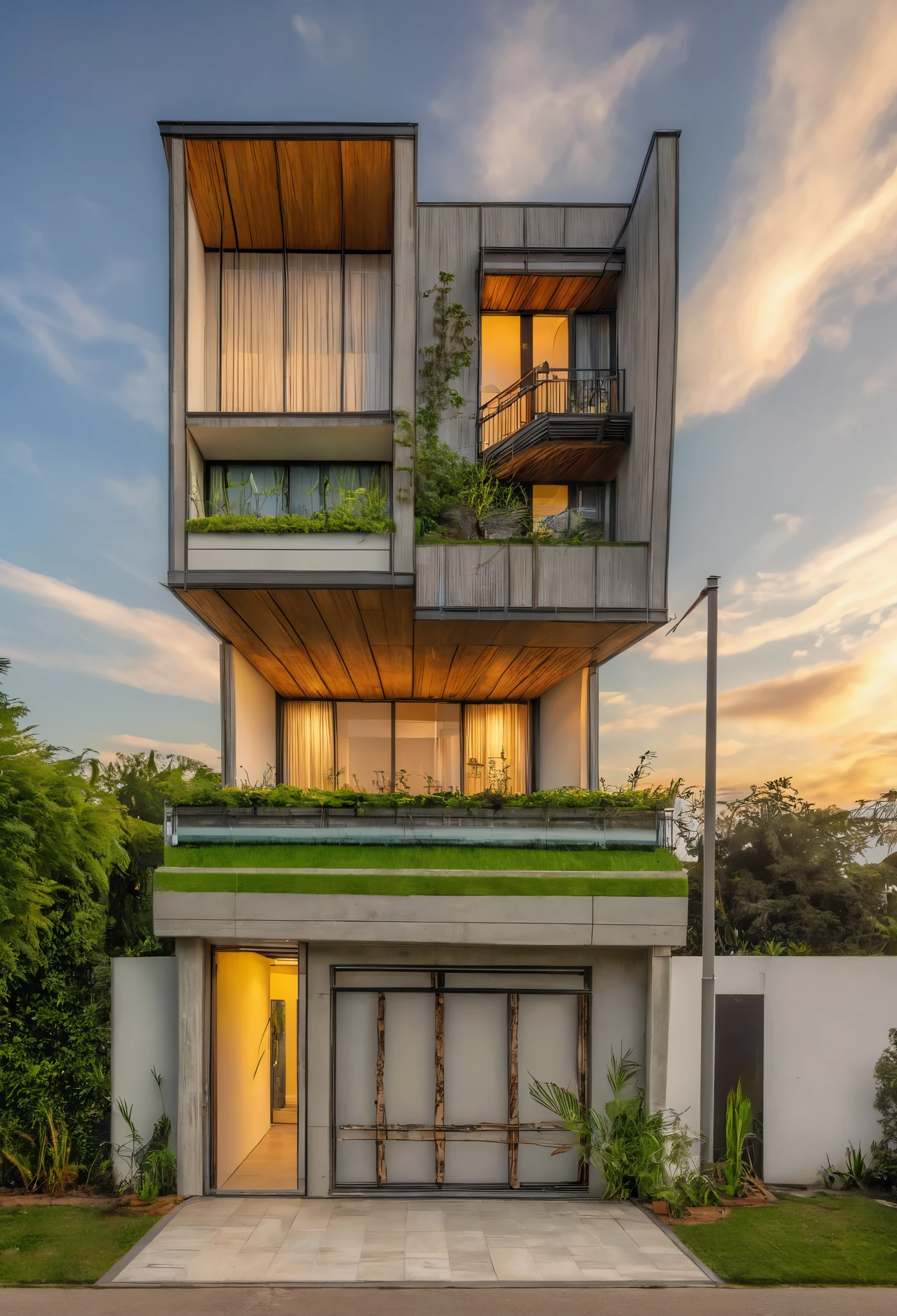 Masterpiece, high quality, best quality, authentic, super detail, outdoors, house style modern, bietthuhn, white wall, glass windows, gate road, pavement, grass, trees, Beautiful_sky, SUNSET, (day:1.1), realistic lighting