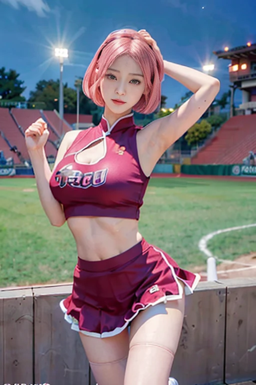 The true picture、8k,Realistic Skin、Realistic photos、Naruto's Sakura Haruno, (((Big Breasts))), sternum, Cheerleader, baseball team Cheerleader, skirt, Beautiful eyes in every detail, eyelash, Beautiful double eyelids, eye shadow, length, Perfect Eye Makeup, Captivating smile, Beautiful and slim legs, Pink bob cut, Pink shorthair,, Earrings, hair band、raise your arms high、Elbows at head level、Stand on the baseball field at night, Panties are visible